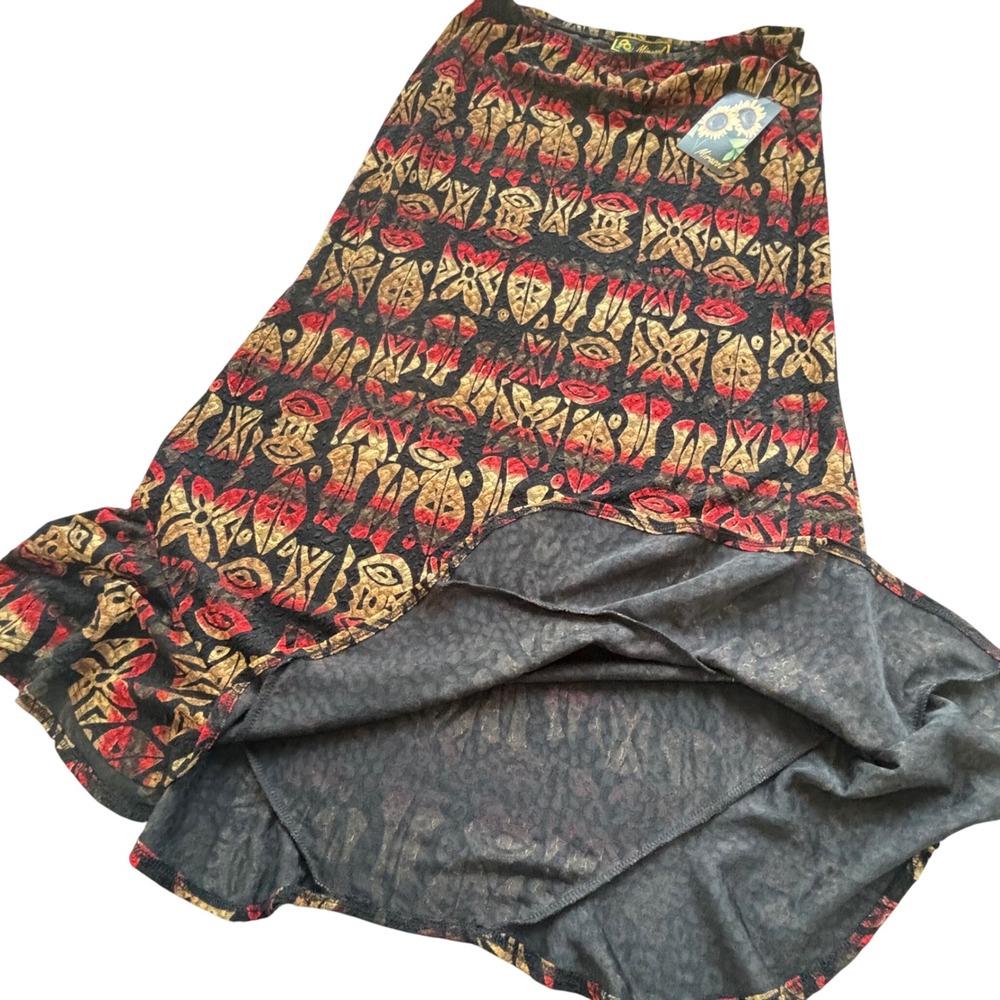 Mirasol Maxi Skirt Women L Black Red Gold Mask Print USA Tribal Boho Deadstock